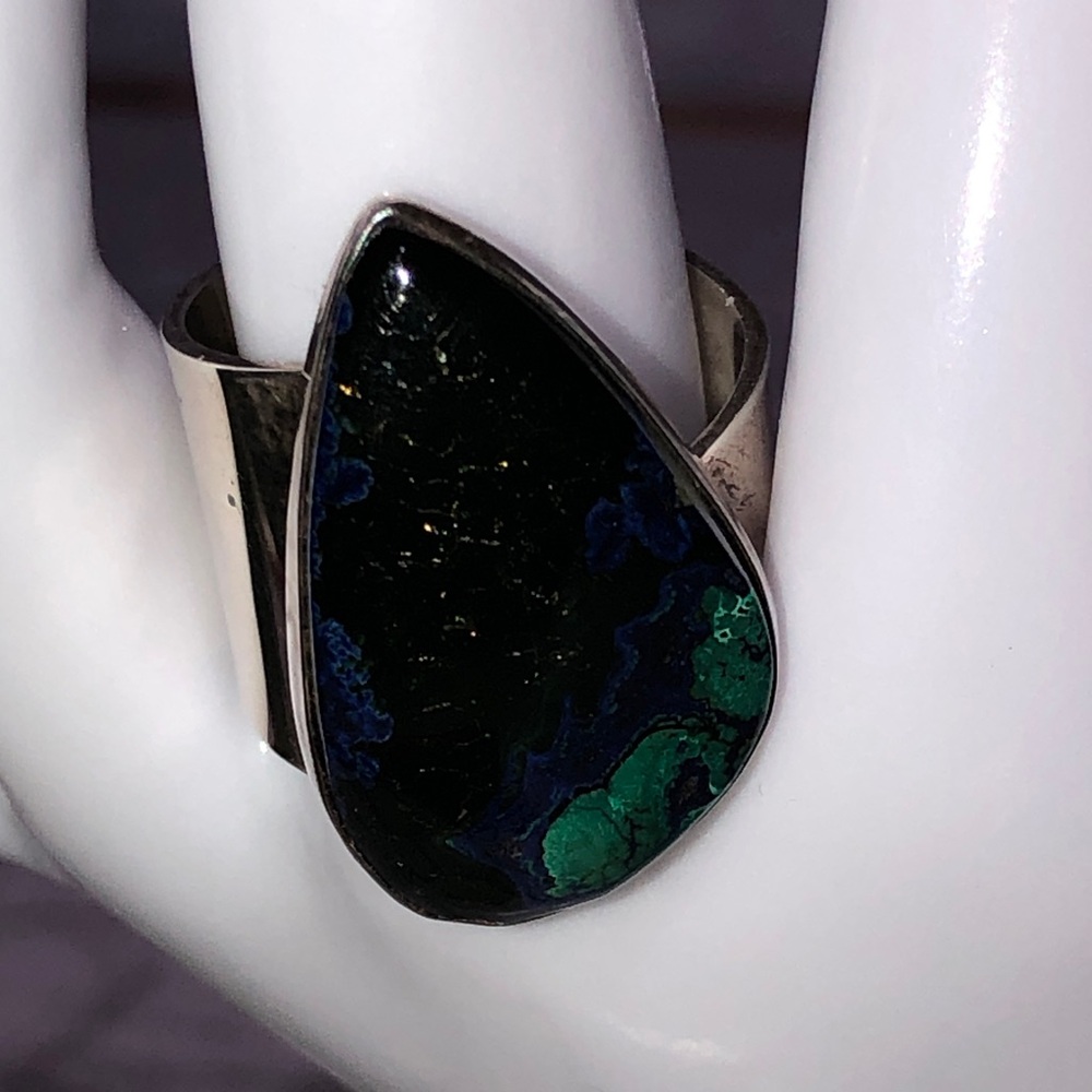 Azurite Malachite Teardrop Gem Stone Sterling Silver Statement Ring size 11 - Picture 9 of 13